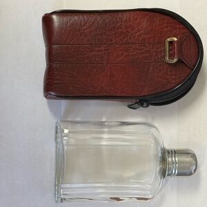Vintage Glass Travel Flask w/ Aluminum Screw Cap & Red Leather Zipper Case